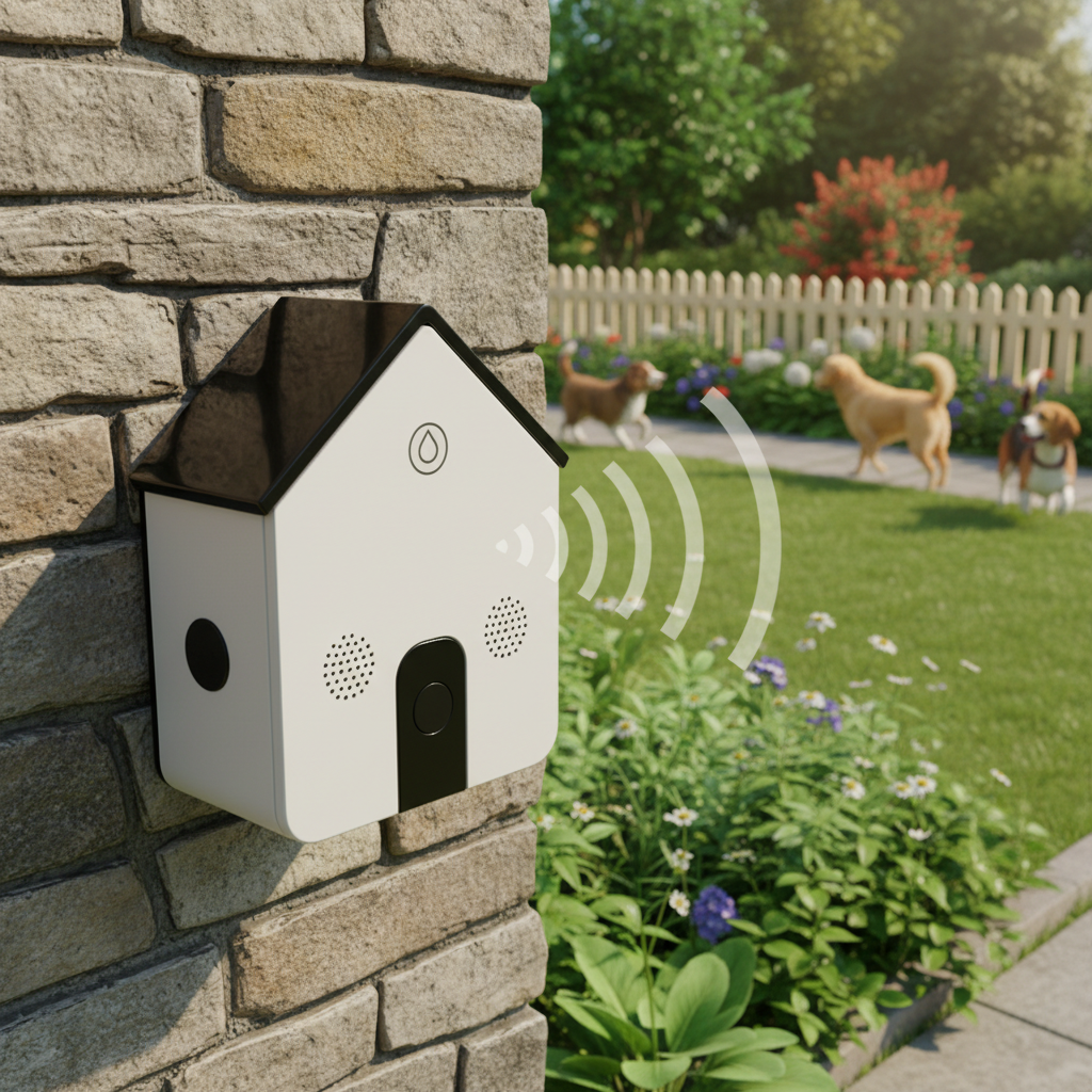 House-shaped ultrasonic repellent mounted on garden wall keeping dogs away
