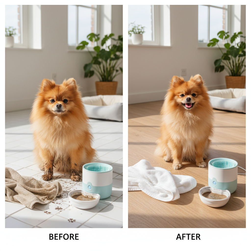 Pomeranian before and after paw cleaning