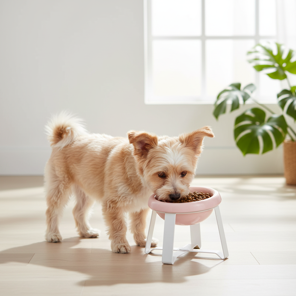 Small dog eating from a pink elevated ceramic pet bowl