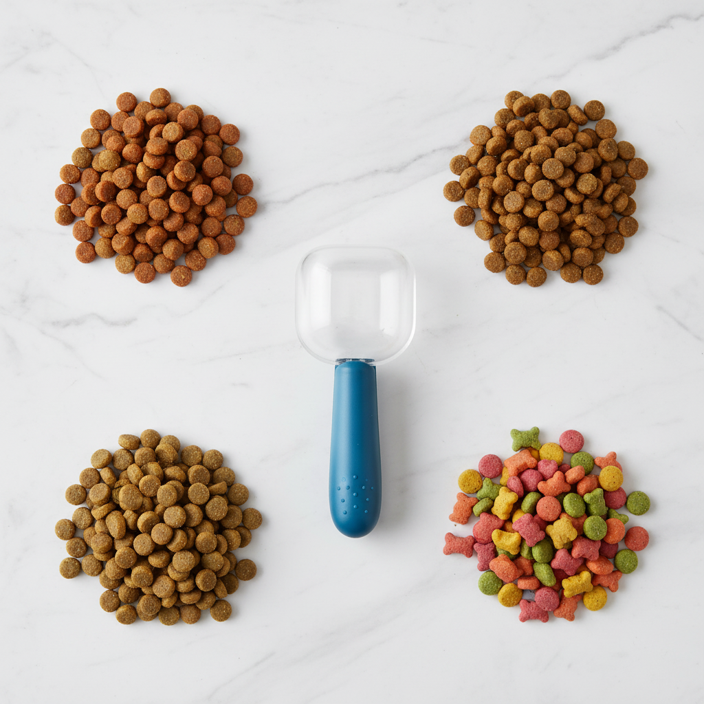 Flat lay of pet food bag clip surrounded by kibble on white marble