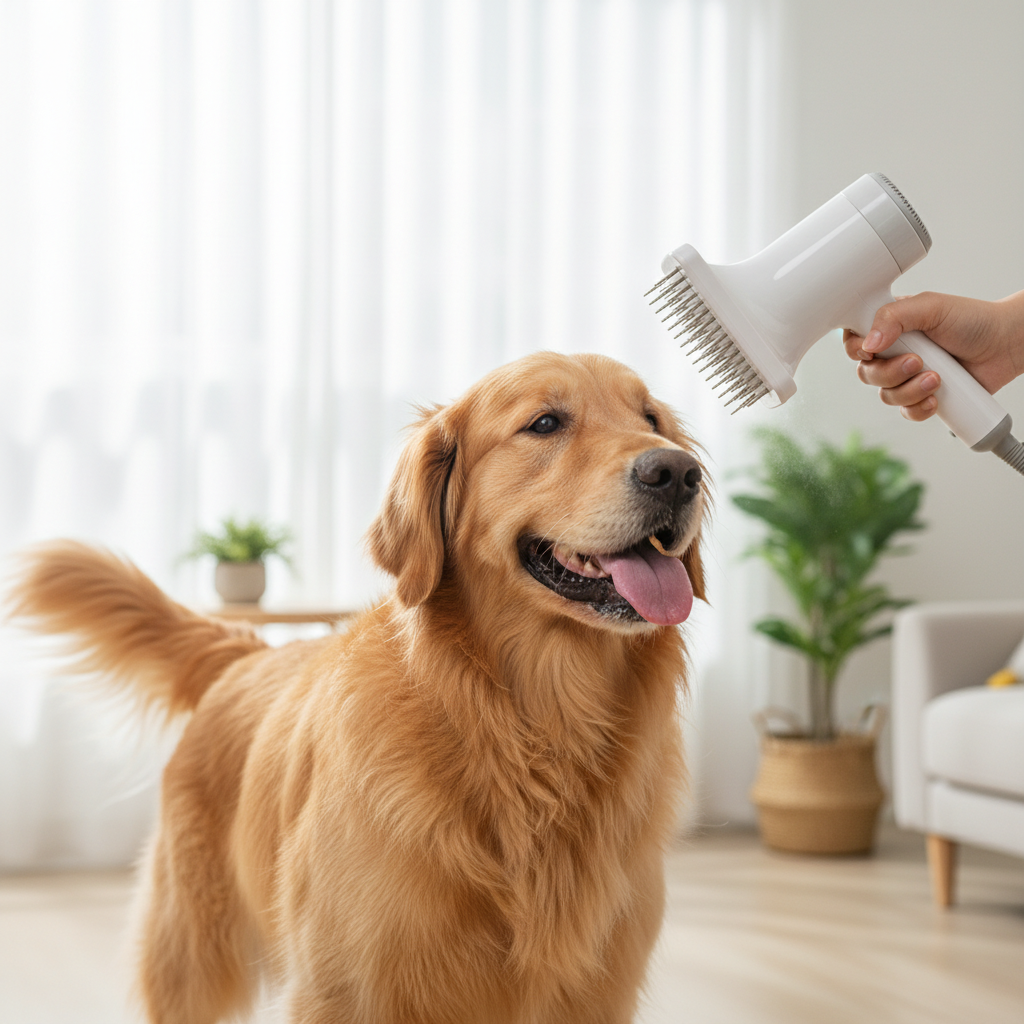 Golden retriever being blow dried with pet hair dryer comb
