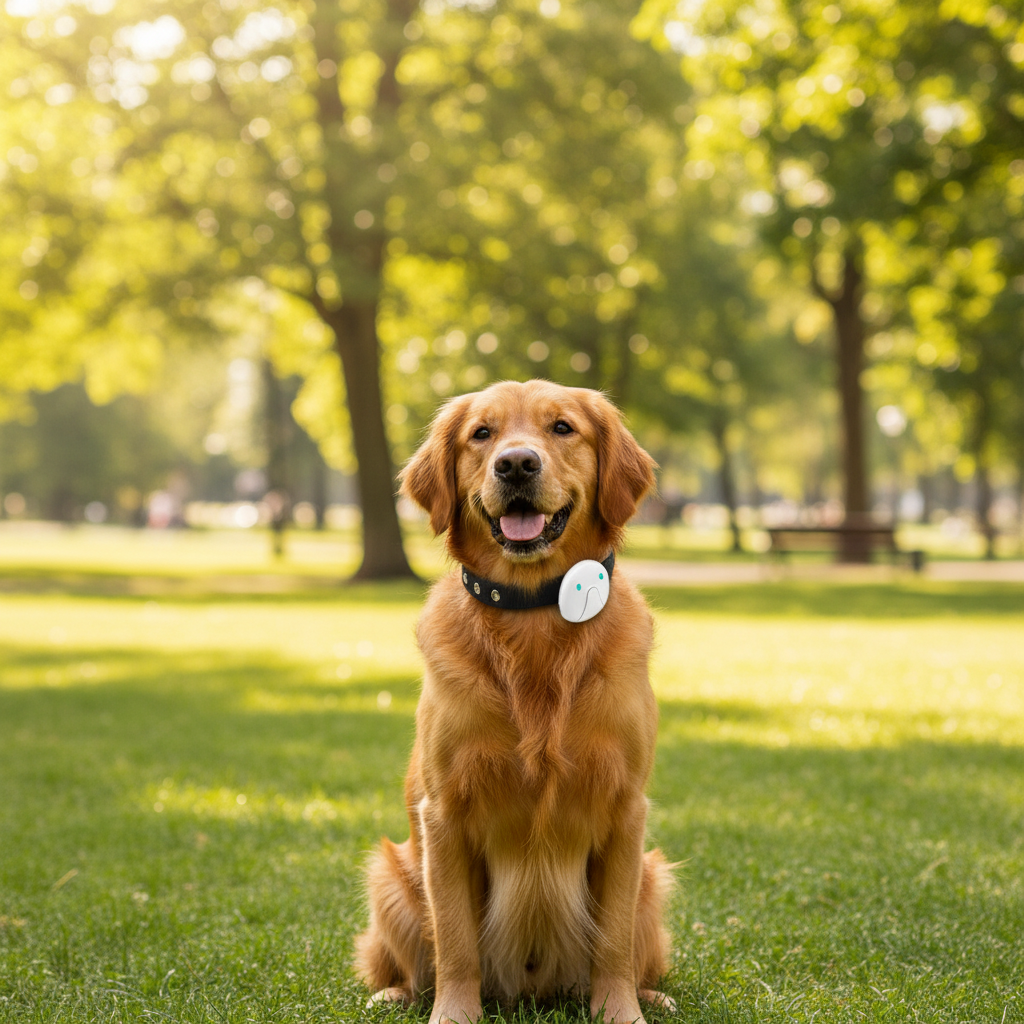 Golden retriever wearing smart GPS tracker collar in park