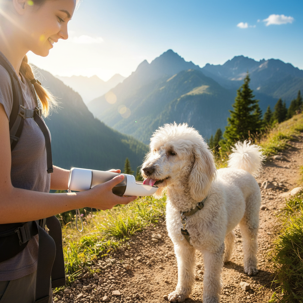 Fluffy white dog drinking from portable pet water bottle on mountain trail