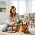 Woman gently combing a fluffy golden dog with a green double-sided silicone grooming brush