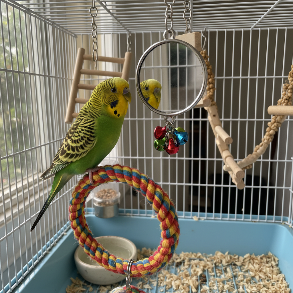Budgie parakeet on rope perch with mirror toy