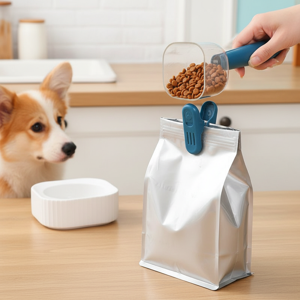 Dog food bag clip sealing an open kibble bag in kitchen setting