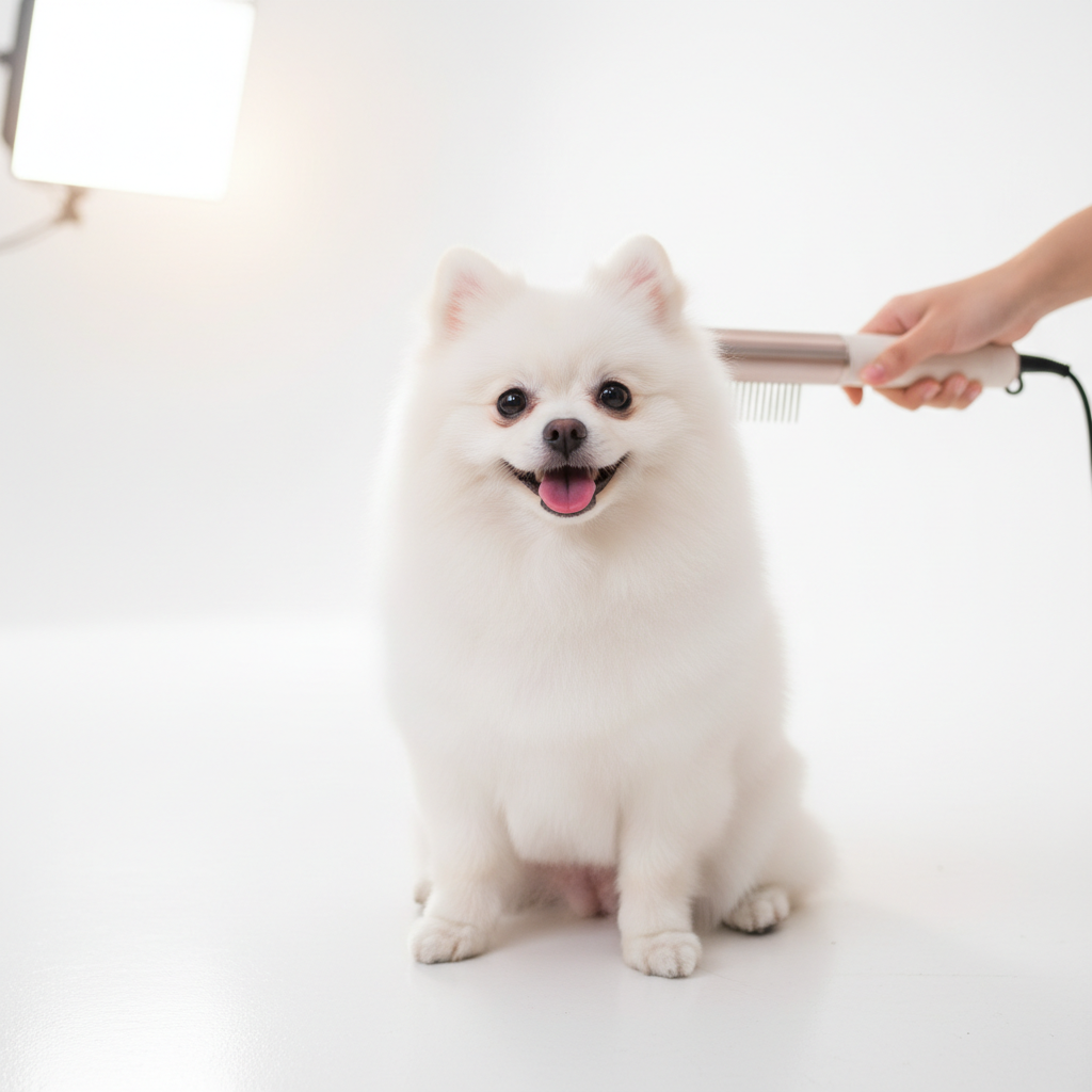 Fluffy Pomeranian after grooming with pet hair dryer comb