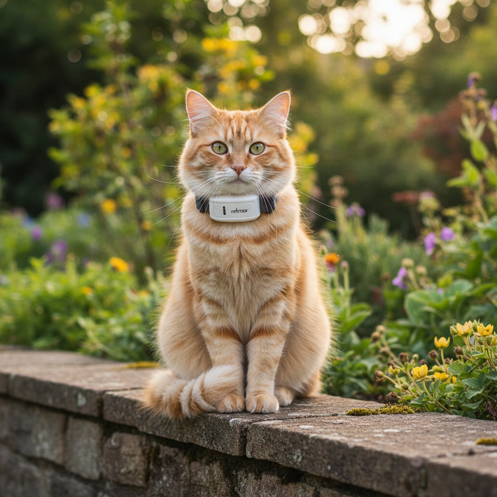 Tabby cat wearing GPS tracker collar on garden wall