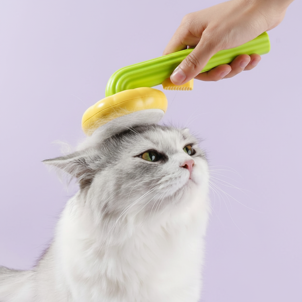 Fluffy white cat being groomed with sunflower pet comb
