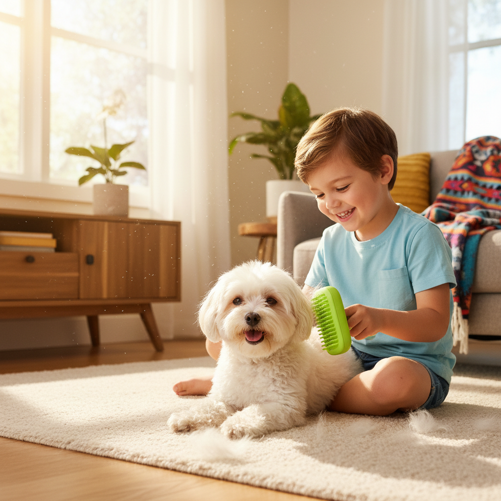 Child happily grooming a small fluffy white dog with a green silicone pet comb