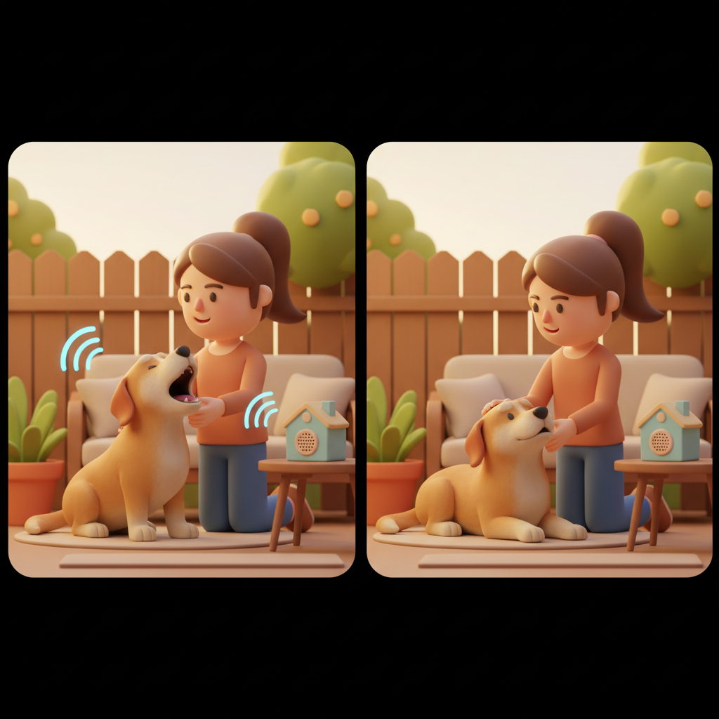 Owner training dog with ultrasonic device 3D stylized render