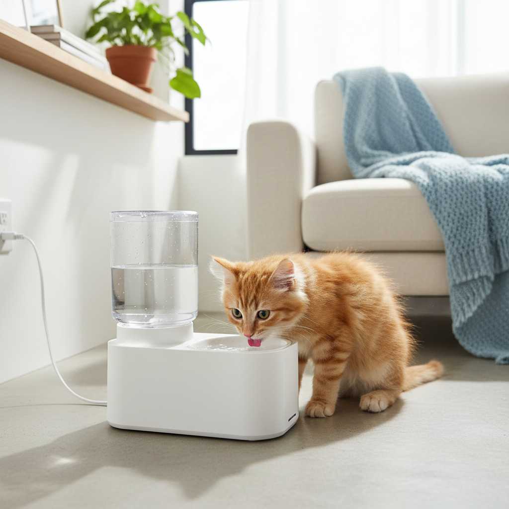 Cat drinking from double automatic pet bowl