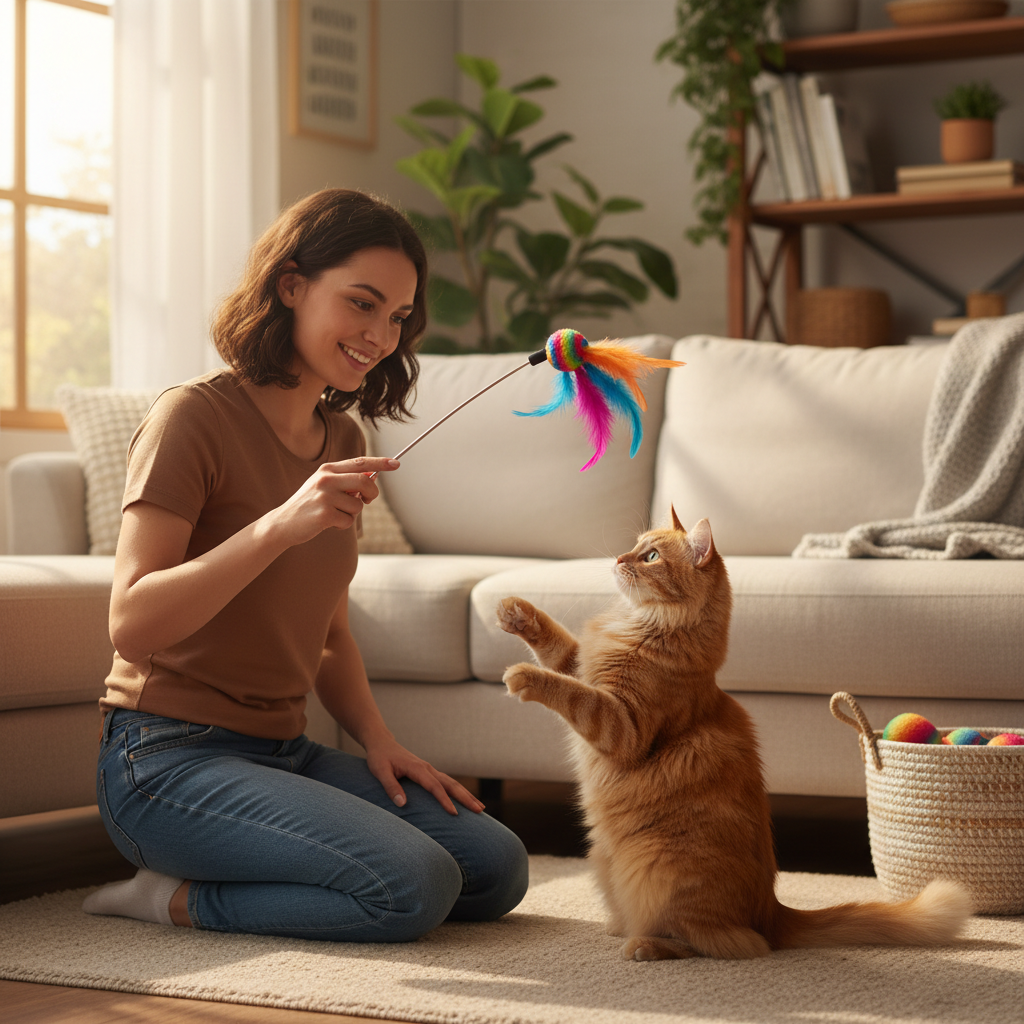 Owner bonding with cat using colorful feather wand toy