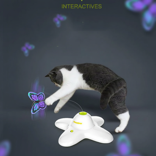 3D render of cat leaping for glowing purple butterfly toy
