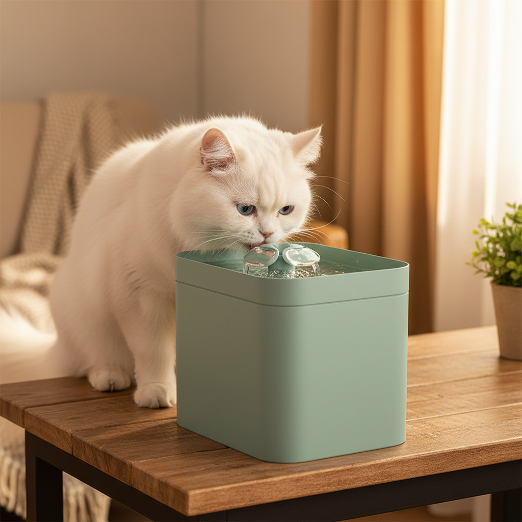 White Persian cat drinking from automatic water fountain