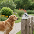 3D render of house-shaped ultrasonic repellent on garden fence with dog turning away