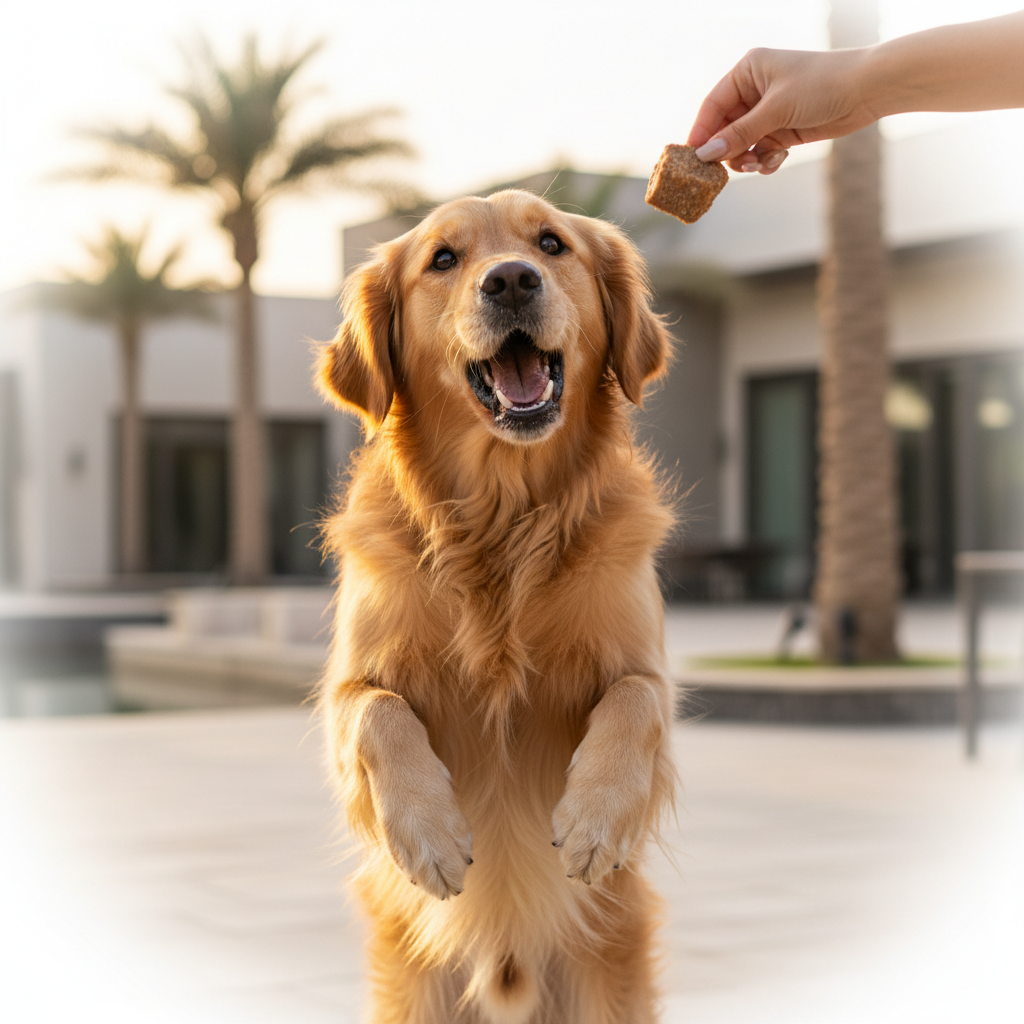 Golden retriever being rewarded with beef cube treat outdoors