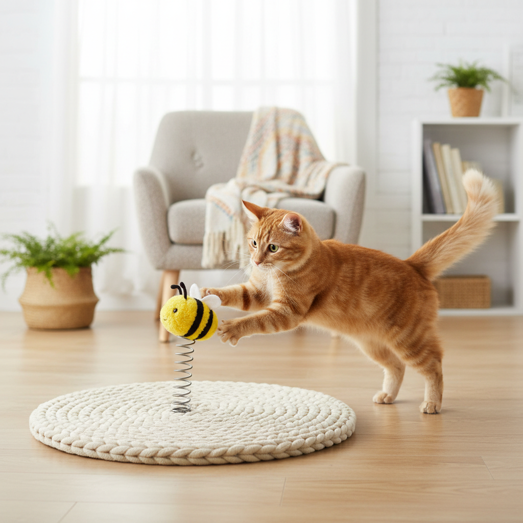 Orange tabby cat playing with yellow bee spring toy on mat