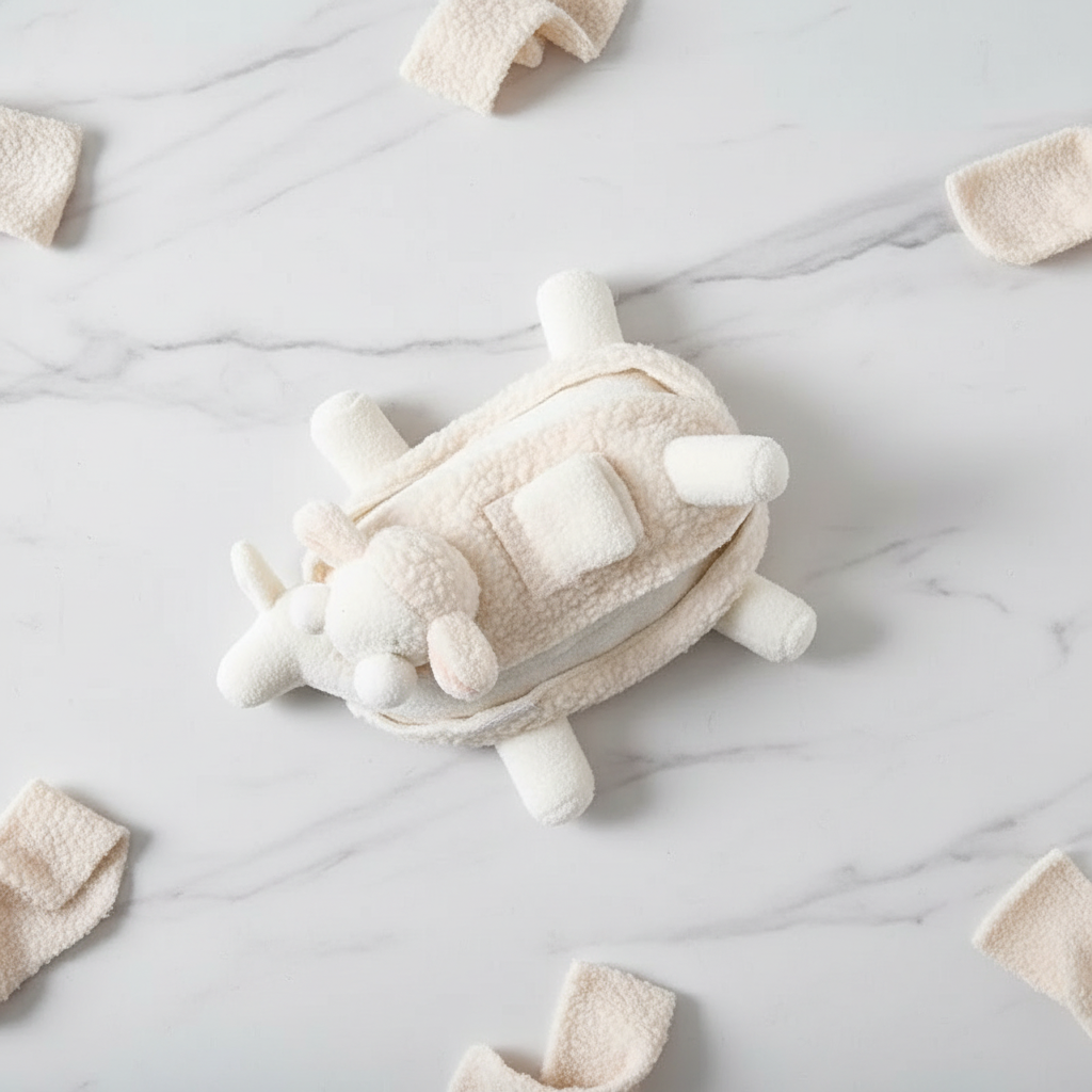Flat lay of white lamb plush sniff toy on marble surface