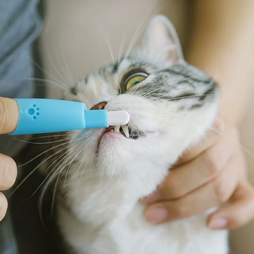 Person using blue silicone finger toothbrush to brush a white cat's teeth