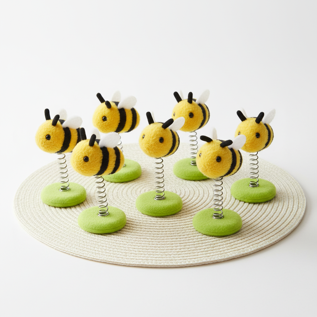 Yellow bee plush spring toys and mat close up