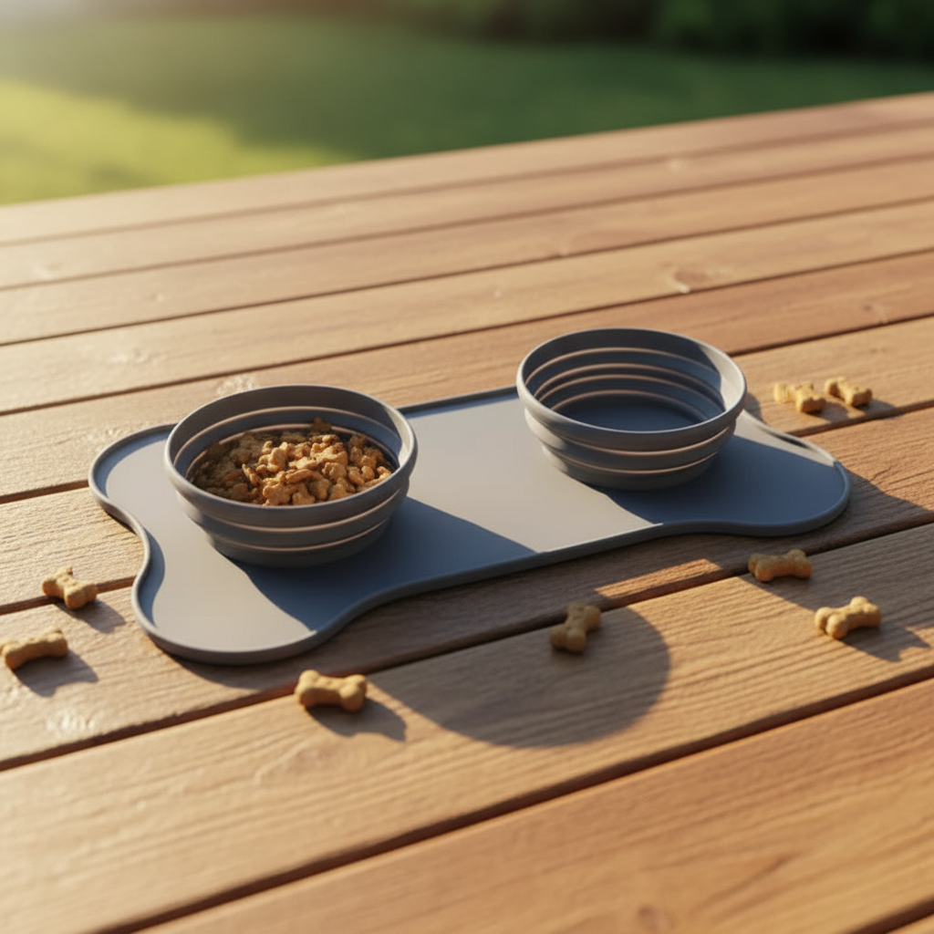 Grey silicone double pet bowl on wooden deck at golden hour