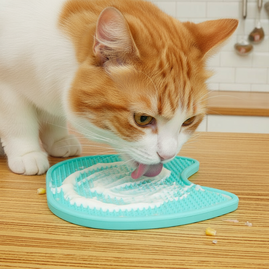 Cat licking yogurt from a green silicone textured lick mat