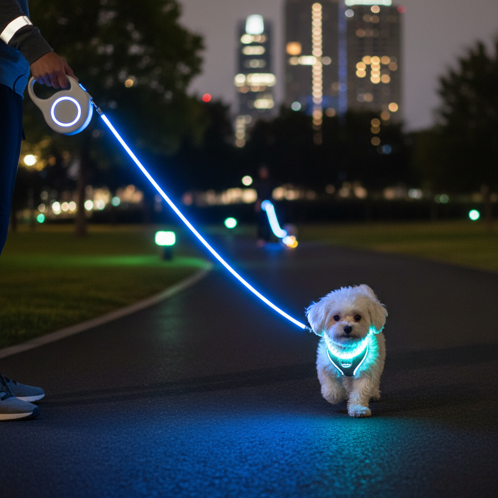 Small dog on night walk with glowing white retractable leash