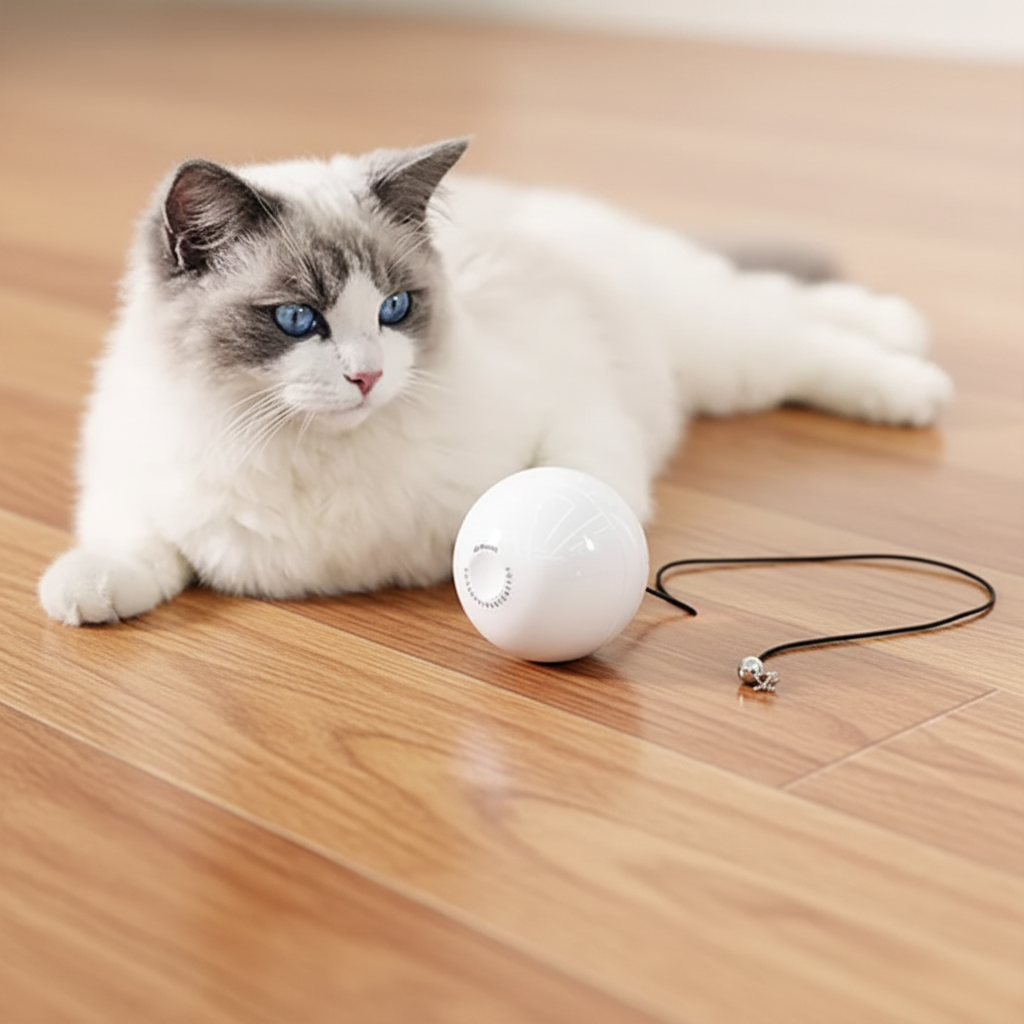 3D render of white smart cat ball with ragdoll cat watching