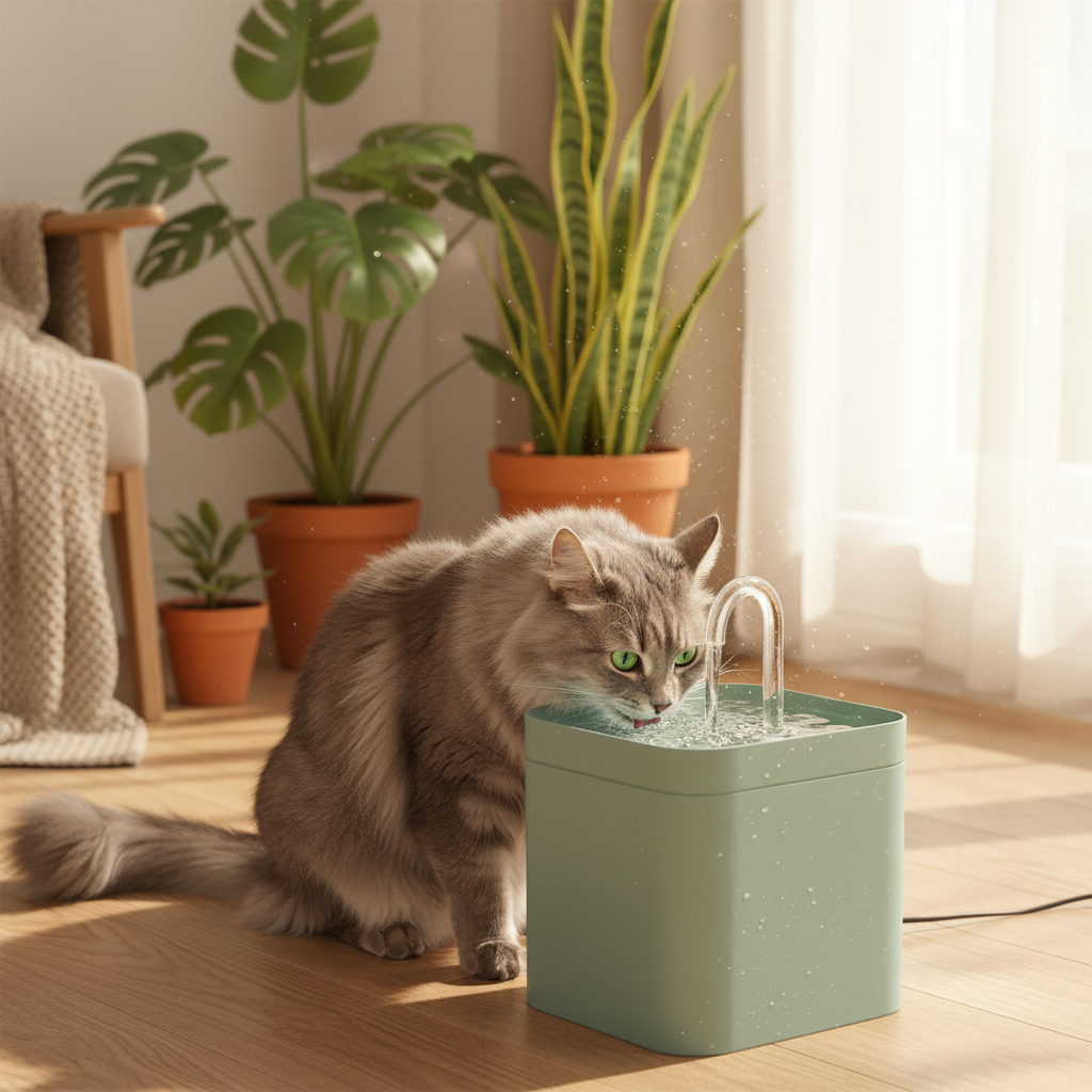 Fluffy grey cat drinking from automatic water fountain
