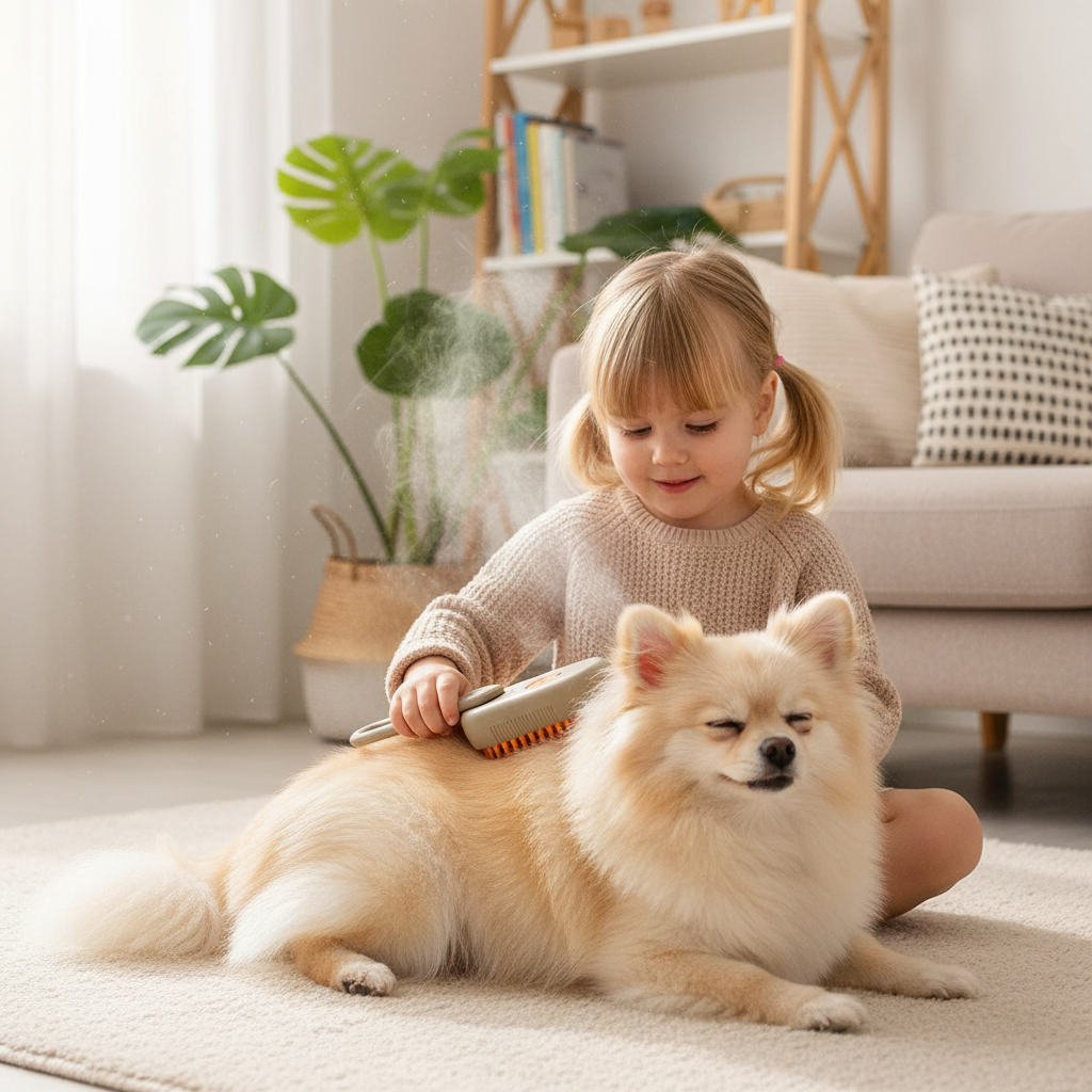 Child gently grooming a small fluffy dog with a steam spray pet brush