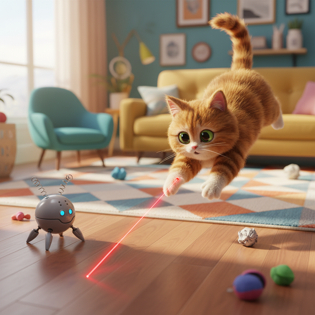 Tabby cat chasing red laser dot from grey robot toy