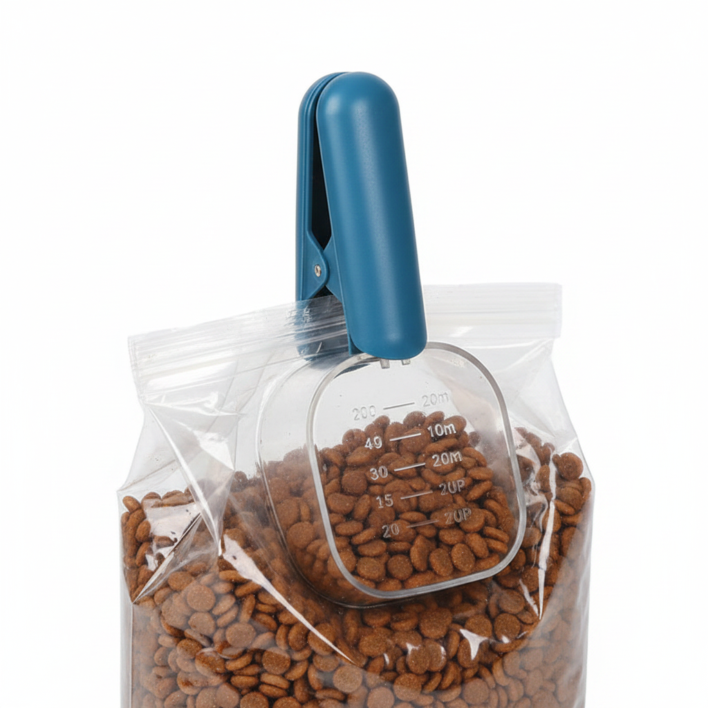 Close-up of transparent scale dog food bag clip with blue handle on white background