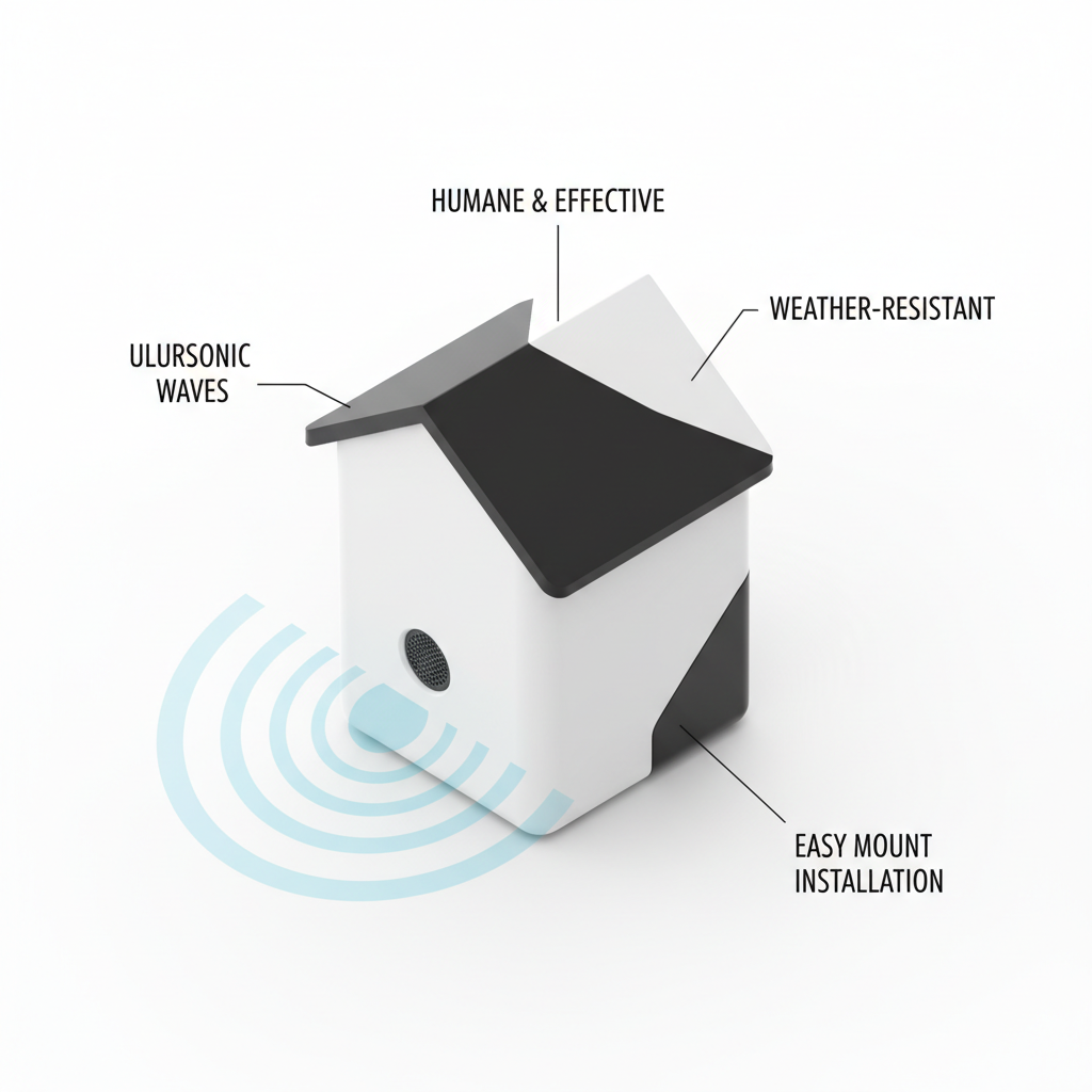 3D isometric render of house-shaped ultrasonic repellent with sound waves