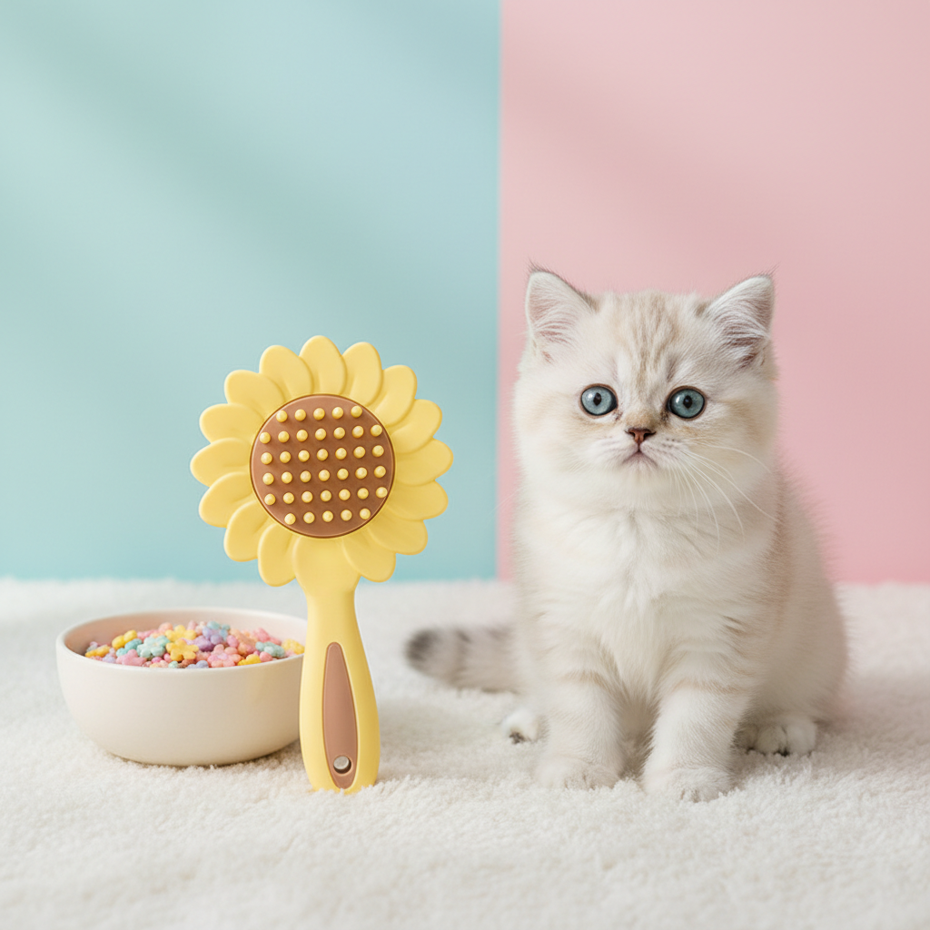 Persian kitten with sunflower grooming comb