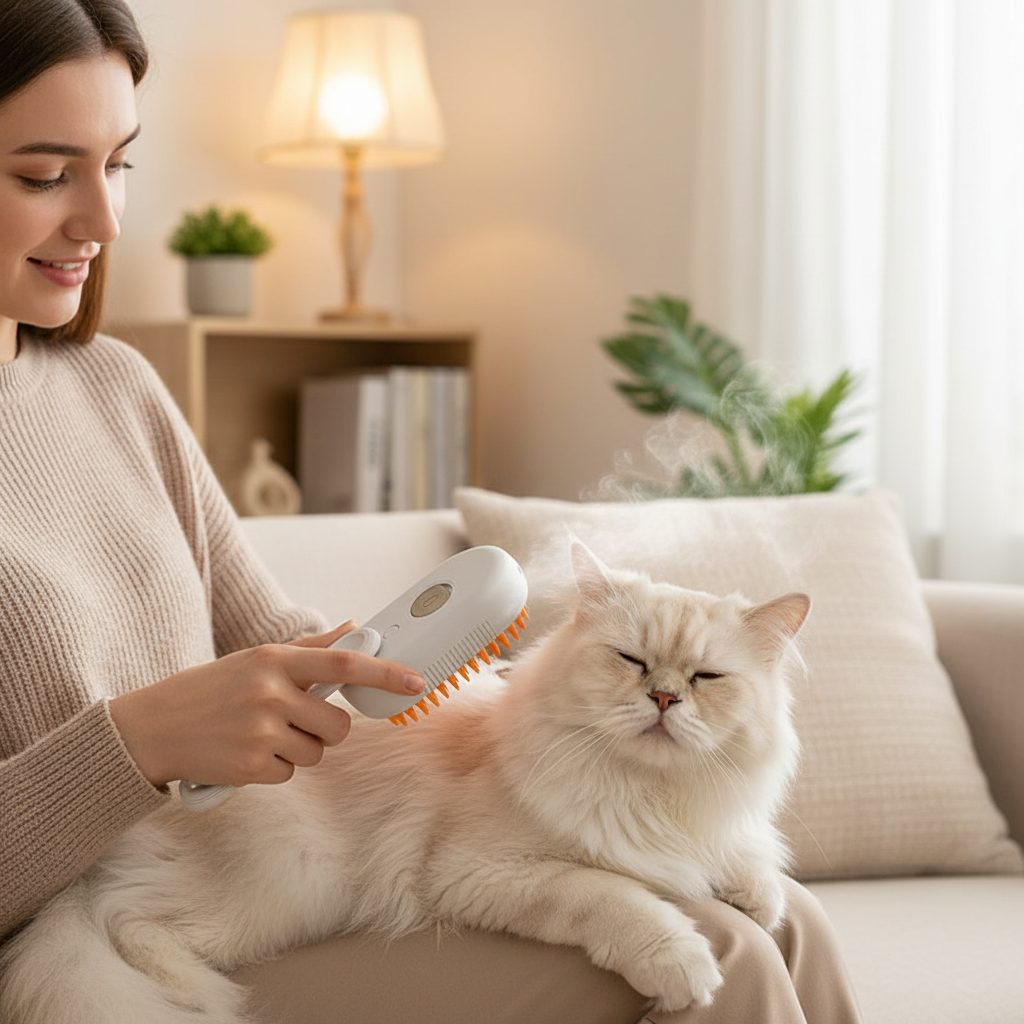 Woman grooming a long-haired Persian cat with an electric steam spray brush