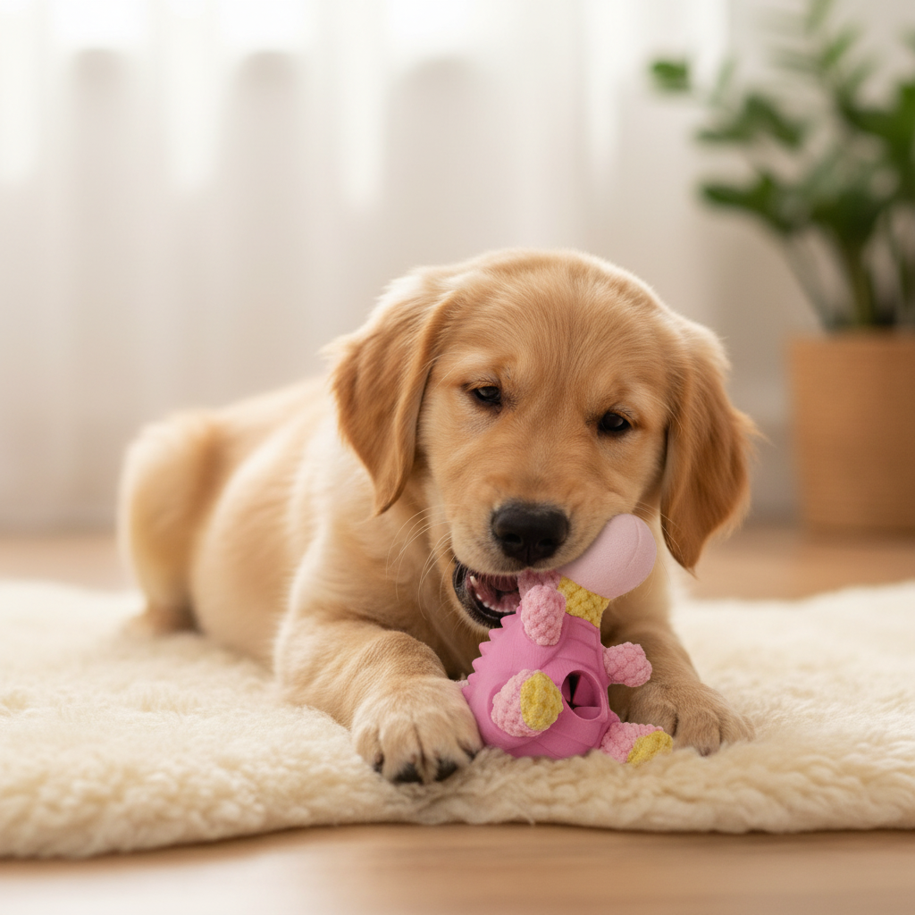 Golden retriever puppy lying down chewing on a pink plush giraffe rubber toy
