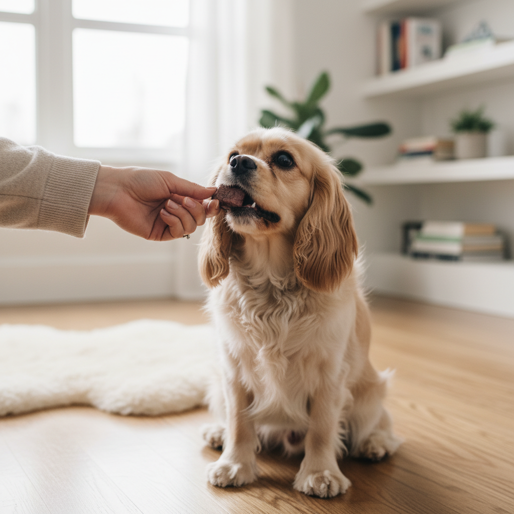 Small dog receiving beef cube treat during training session