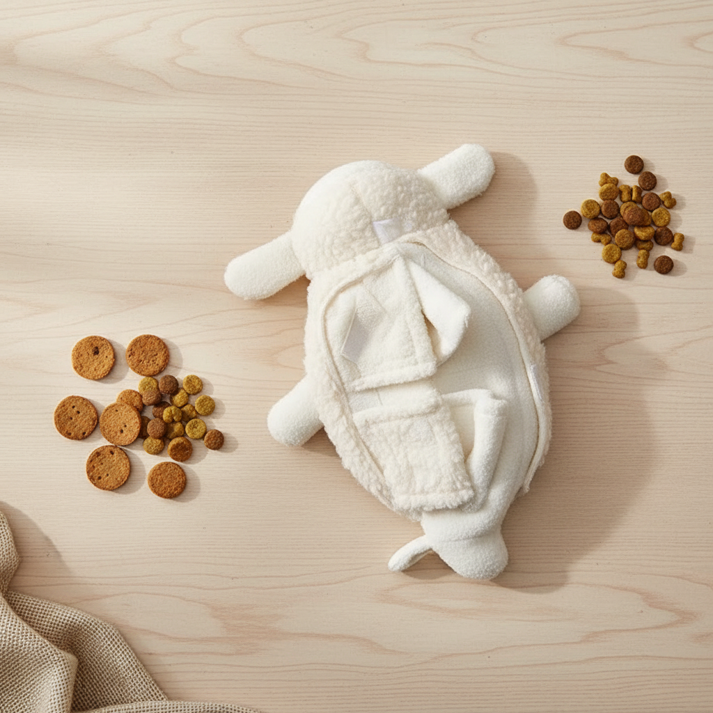 White lamb sniff toy styled with dog treats on wooden surface