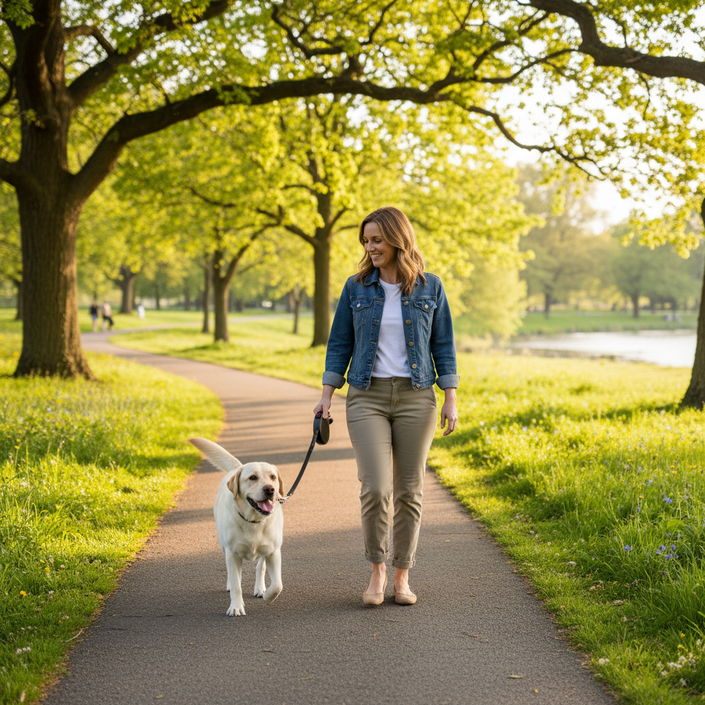 Labrador and owner walking in green park