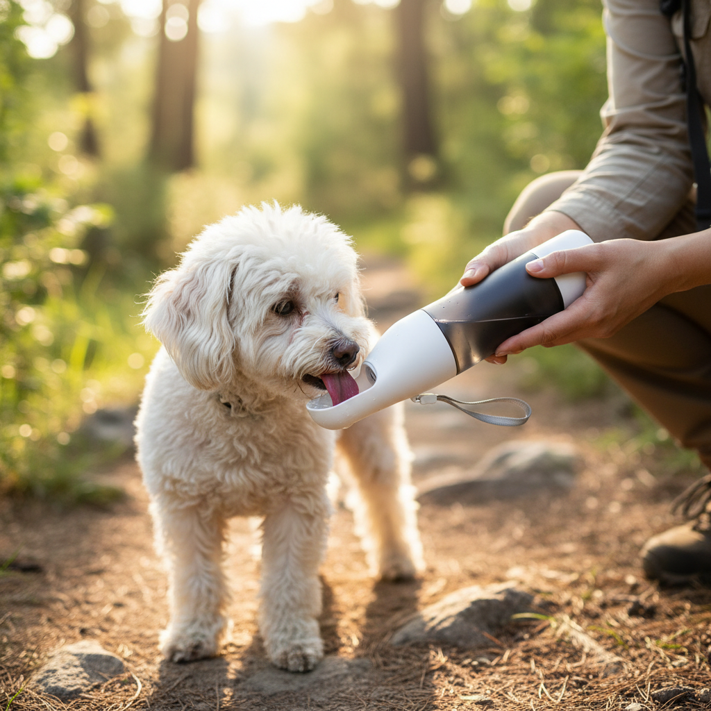 Small dog drinking from portable travel water bottle on hiking trail