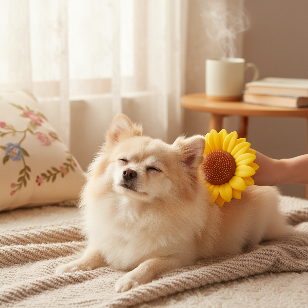 Small dog enjoying massage with sunflower pet brush
