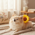 Small dog enjoying massage with sunflower pet brush
