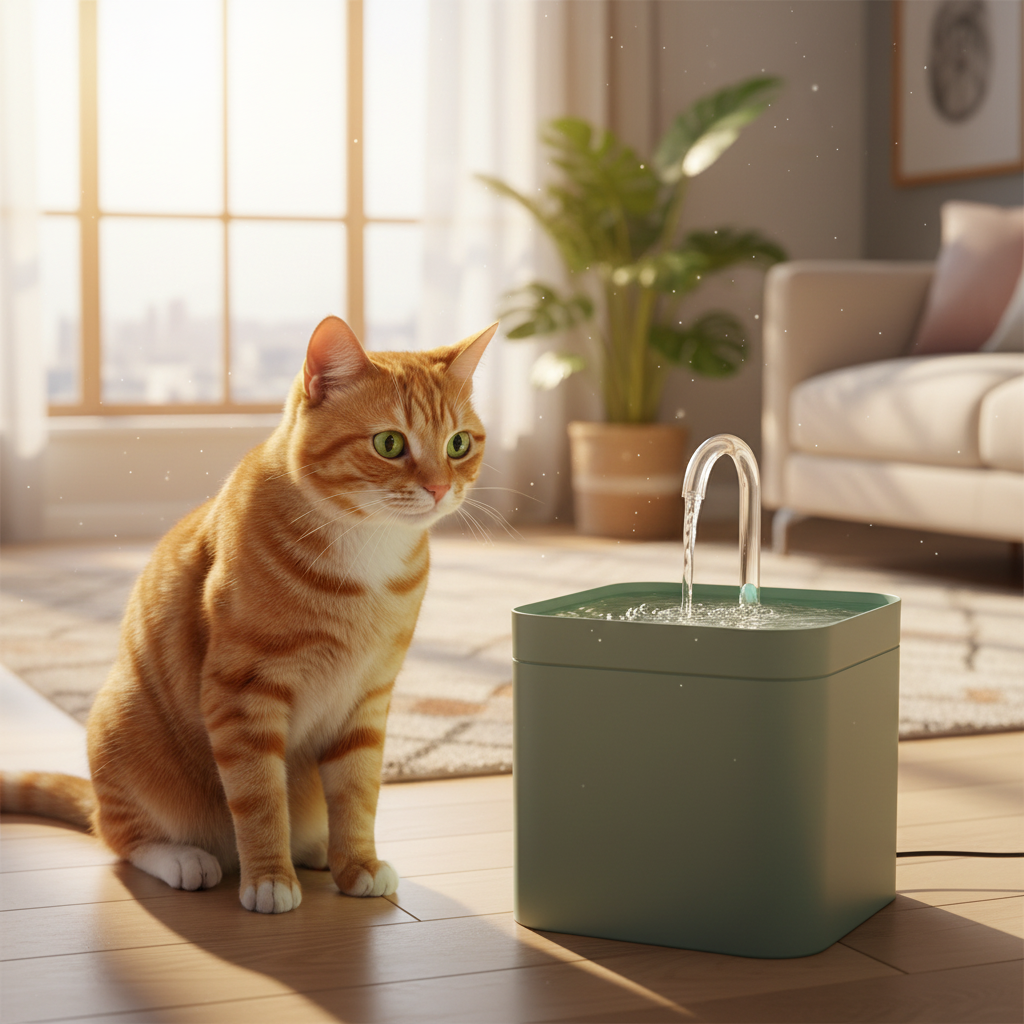 Orange tabby cat with automatic water fountain