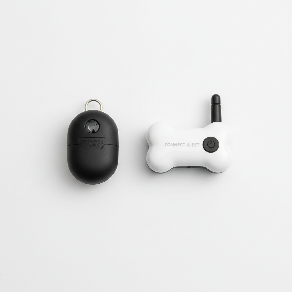Black and white mini pet GPS tracker flat lay