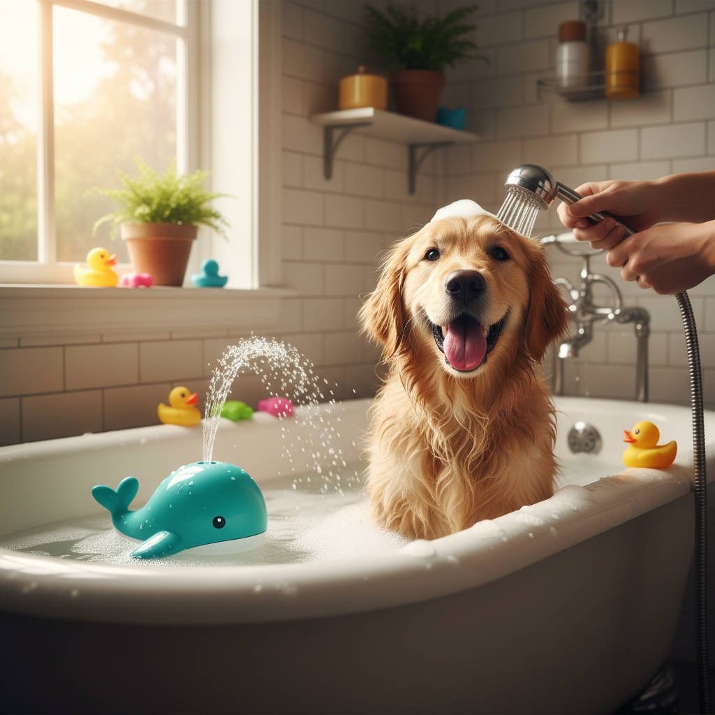 Dog being bathed with floating teal whale spray toy