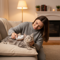 Woman gently grooming a fluffy cat with an electric steam spray massage brush