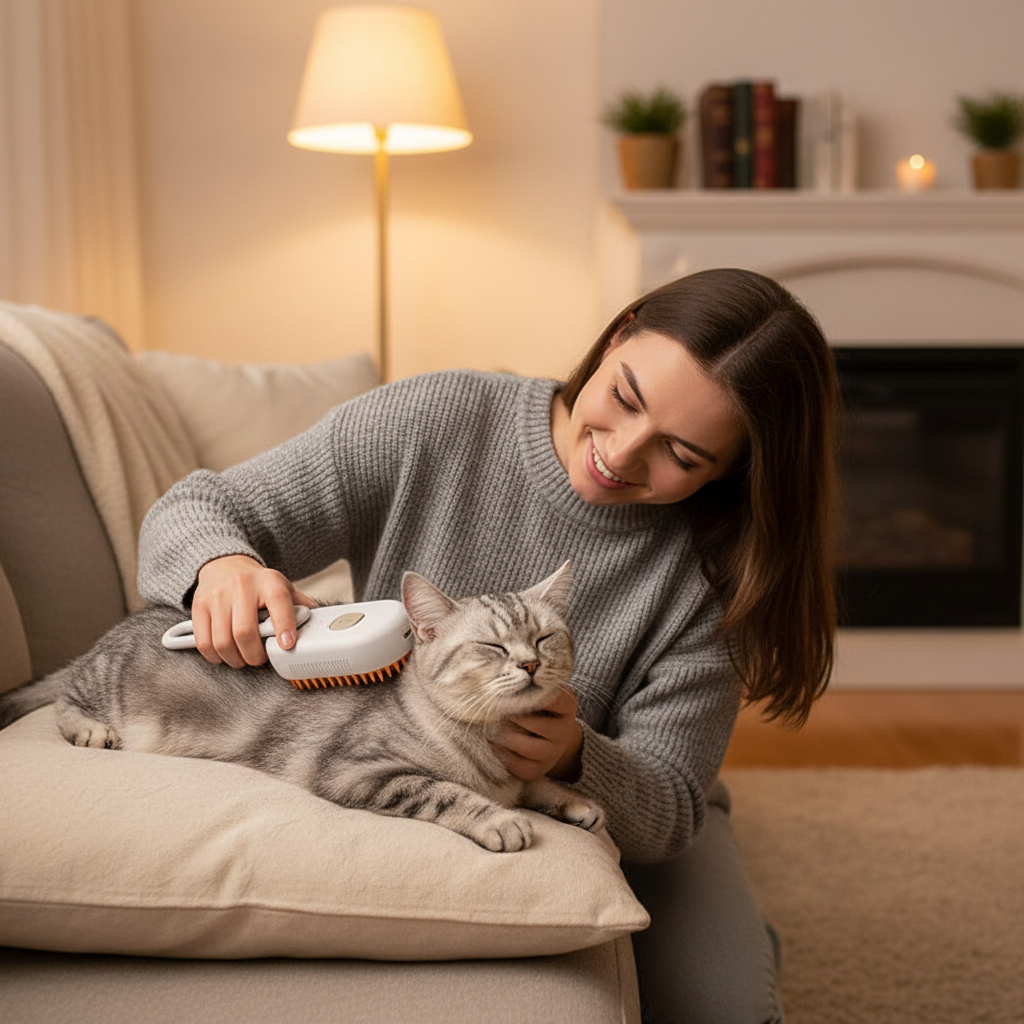 Woman gently grooming a fluffy cat with an electric steam spray massage brush