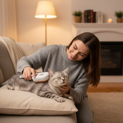 Woman gently grooming a fluffy cat with an electric steam spray massage brush