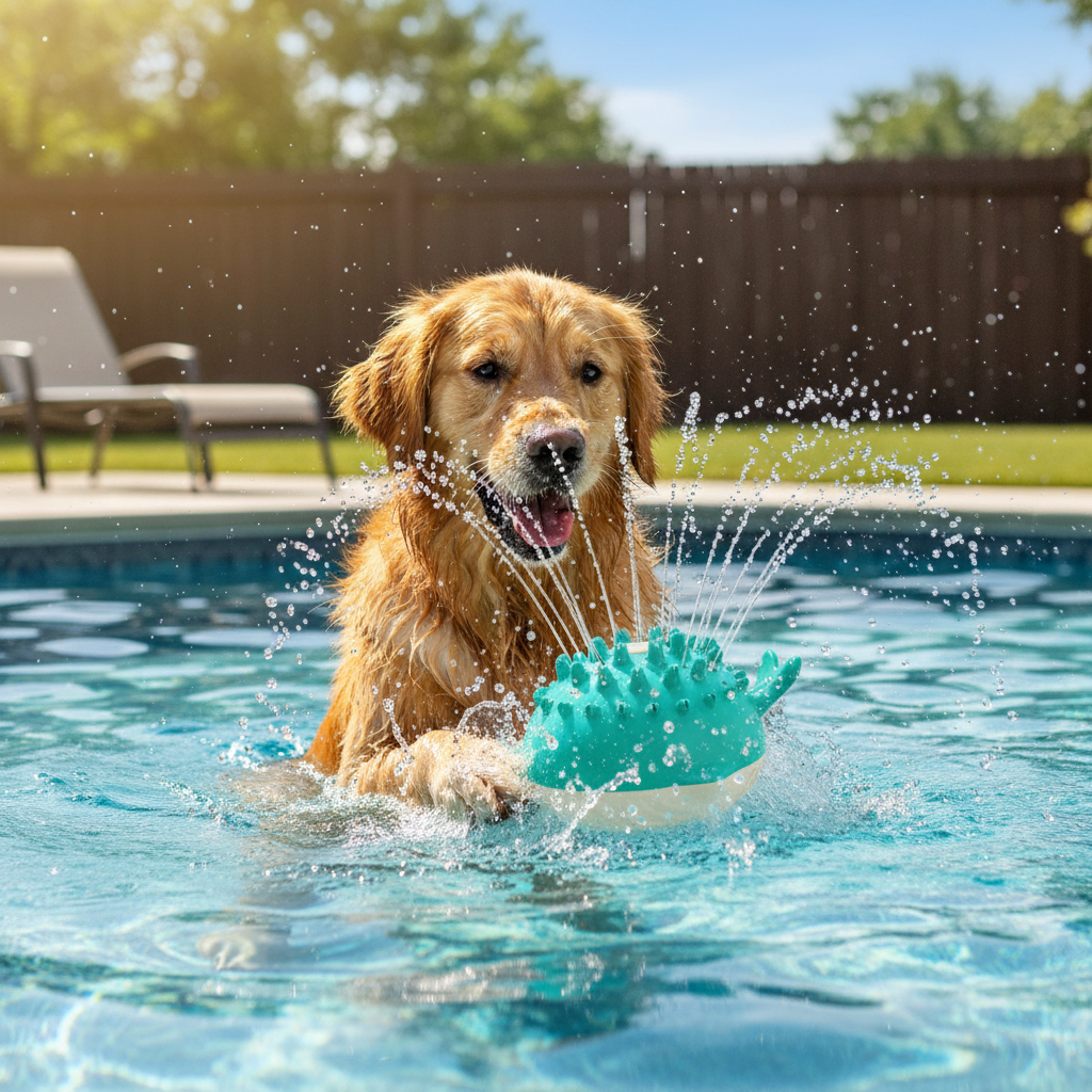 Golden retriever playing with floating whale water spray toy in pool